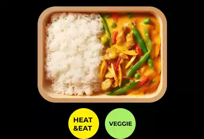 Gesunde und frische Bagels, Gerichte, Salate, Snacks, Wraps und Getränke aus einem Automaten: Grünes Thai Curry