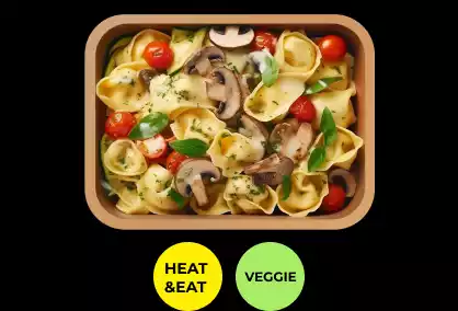 Gesunde und frische Bagels, Gerichte, Salate, Snacks, Wraps und Getränke aus einem Automaten: Tortellini | Pilze