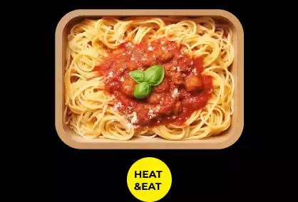 Gesunde und frische Bagels, Gerichte, Salate, Snacks, Wraps und Getränke aus einem Automaten: Spaghetti Bolognese