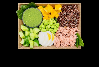 Gesunde und frische Bagels, Gerichte, Salate, Snacks, Wraps und Getränke aus einem Automaten: Protein Box