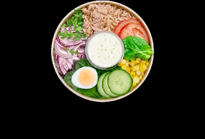 Gesunde und frische Bagels, Gerichte, Salate, Snacks, Wraps und Getränke aus einem Automaten: Thunfischsalat