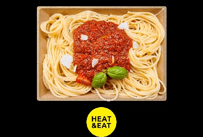 Gesunde und frische Bagels, Gerichte, Salate, Snacks, Wraps und Getränke aus einem Automaten: Spaghetti Bolognese