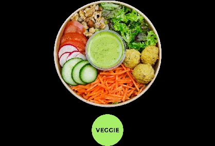 Gesunde und frische Bagels, Gerichte, Salate, Snacks, Wraps und Getränke aus einem Automaten: Falafel Salat
